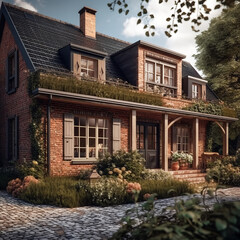 Fototapeta premium A charming Dutch style brick house with rustic shutters, a well-maintained garden, and a cozy front porch exudes warmth and character, complemented by a cobblestone pathway.