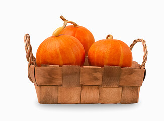 pumpkins in a wooden basket made of natural material isolated on a white background