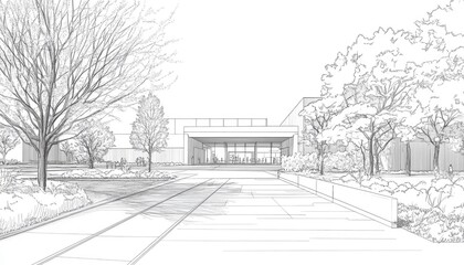 Line art illustration of a museum s main entrance viewed from the street on a spring day