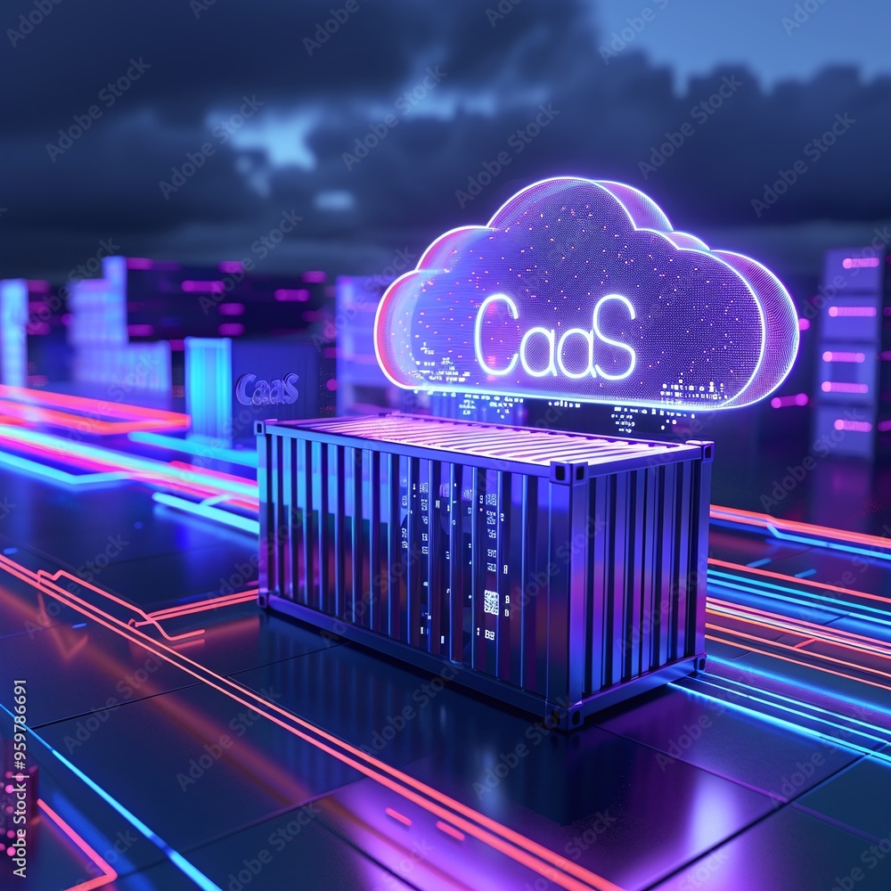 Poster futuristic digital cloud computing concept with neon lights and technology, highlighting cloud as a 