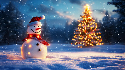 Obraz premium snow man on snow floor and christmas tree