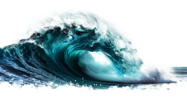 The dynamic wave bursts forth with dark aquamarine tones, blending art and nature in a sleek, hyperrealistic style that inspires wonder and exploration.