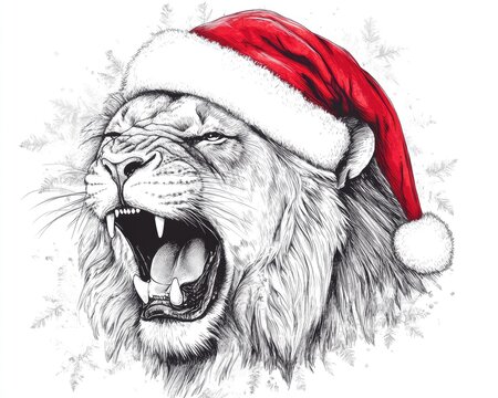 recommend clip art: Line art illustration depicting a hand drawn roaring lion adorned with a Santa hat