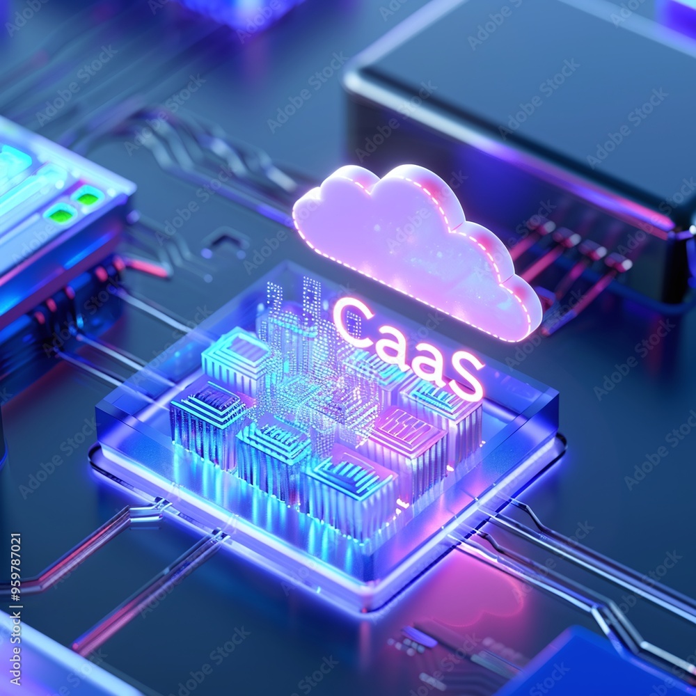 Wall mural futuristic illustration of cloud-as-a-service (caas) technology concept with cloud icon and glowing 