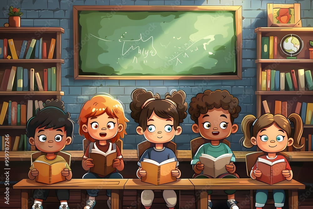 Poster a joyful reading session in a colorful classroom