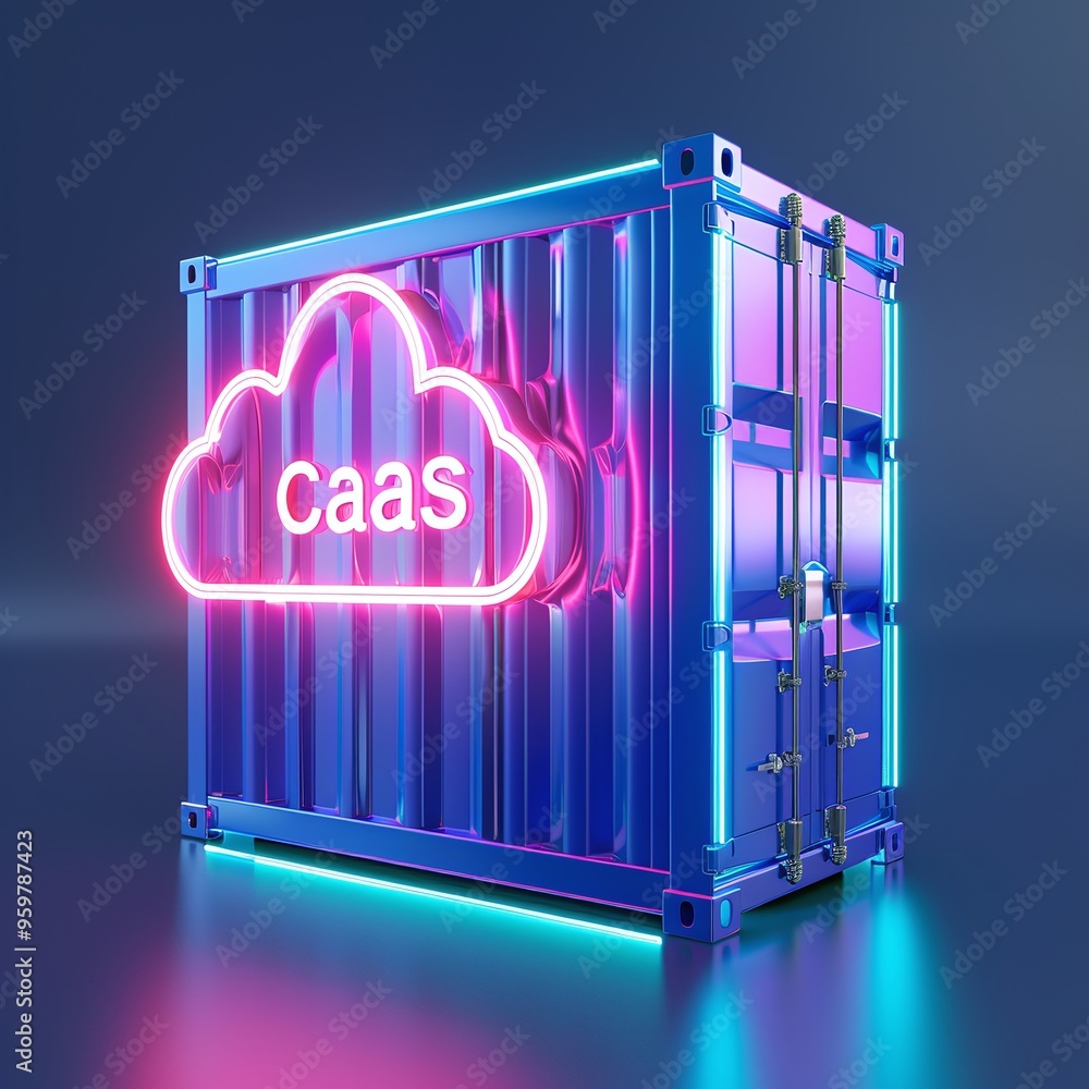 Poster futuristic neon container with cloud computing acronym 'caas' glowing, symbolizing container-as-a-se