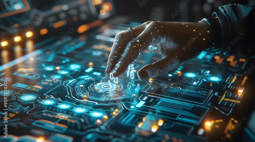 Aufkleber futuristic hand interacting with a digital interface, featuring glowing circuits and advanced techno