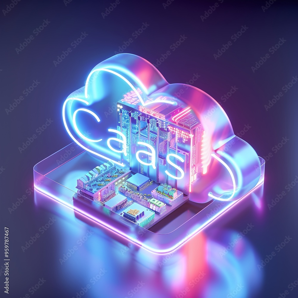 Poster futuristic neon illustration of cloud as a service (caas) concept with server infrastructure. perfec