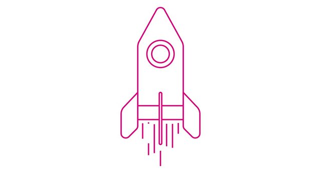 Animated magenta rocket flying fast. Linear pink symbol. Concept of startup, investment, progress, speed. Looped video. Line vector illustration isolated on white background.