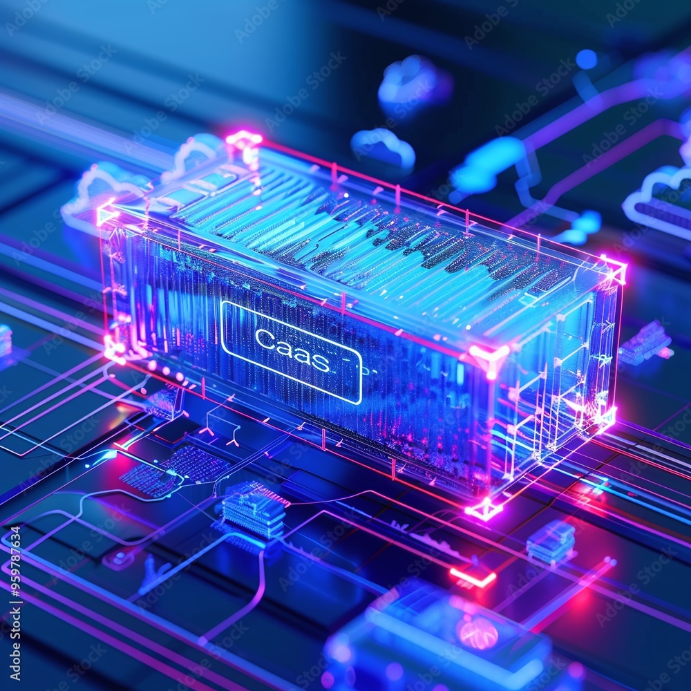 Poster high-tech neon container on circuit board, demonstrating cutting-edge technology, and container-as-a