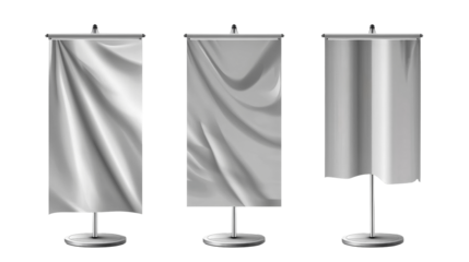 These banner mockups showcase pristine white flags on stylish stands, perfect for advertising and marketing in various settings, highlighting a clean design.