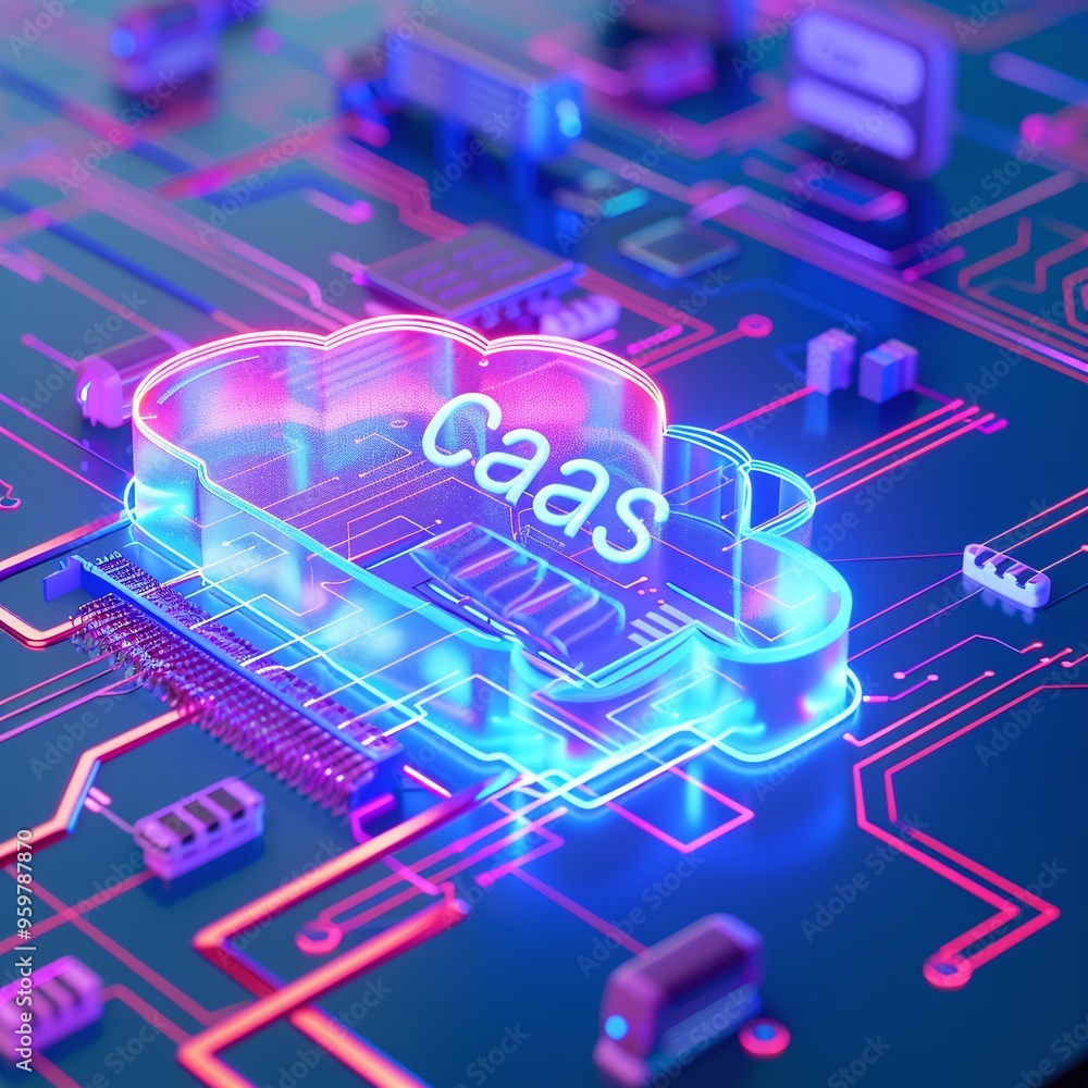 Poster neon cloud computing concept with a focus on caas (container as a service) on a futuristic circuit b