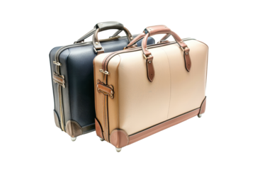 Two fashionable travel bags display their sleek, shiny exteriors, blending rustic charm with contemporary style, perfect for any adventurer's journey.