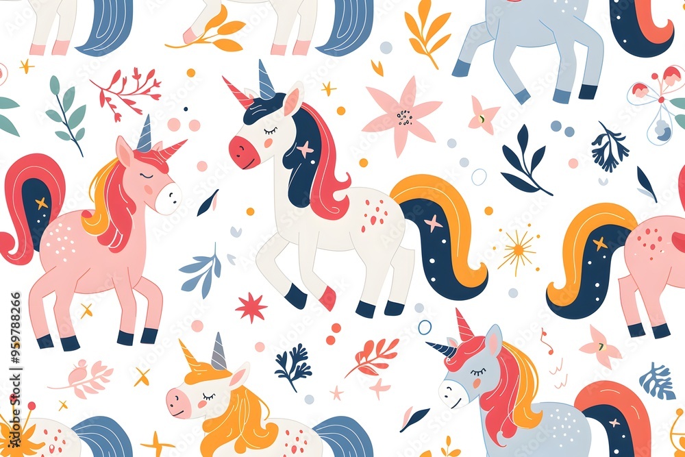 Poster whimsical unicorns and floral patterns in a playful design