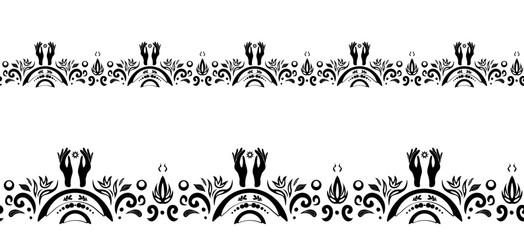 Black and white seamless border, ornament, with mystical symbols, moon, stars, hands, doodles. Border for textiles, books, postcards, dishes.