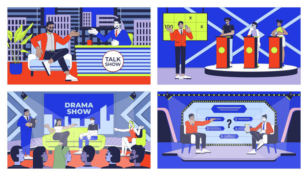 Entertainment TV shows cartoon flat illustrations set. Interview, human drama, game show. Hosts participants 2D characters colorful backgrounds. Programs scenes vector storytelling images collection