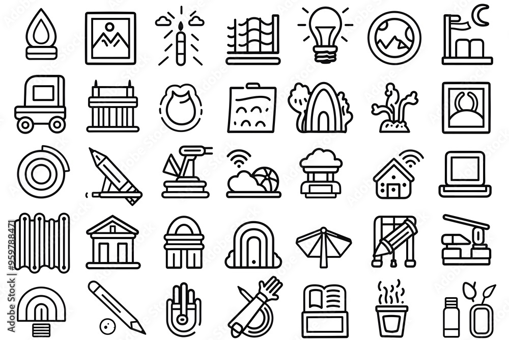 Poster a collection of minimalist line icons representing various concepts and objects