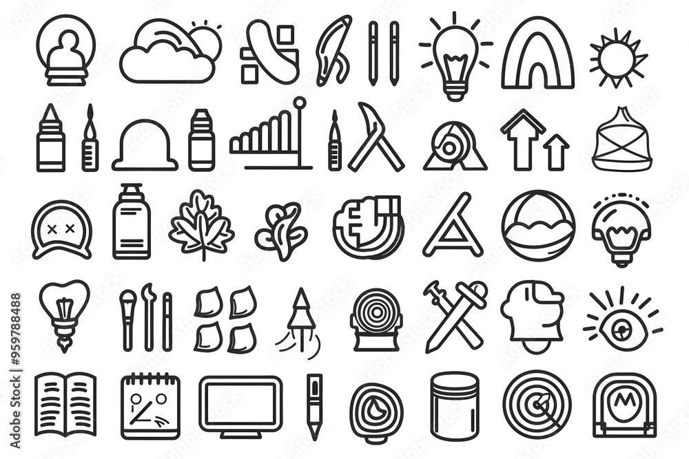 Poster a collection of creative line icons representing various concepts and tools