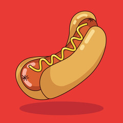 Hotdog Food Floating Cartoon Vector Icon Illustration with red background