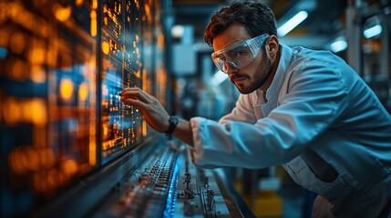 Decoding the Future: A focused scientist meticulously analyzes data on a vibrant, futuristic interface in a cutting-edge laboratory. 