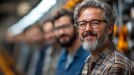 Confident and Experienced: A mature man with a distinguished beard and glasses smiles warmly at the camera, surrounded by a team of colleagues in an industrial setting. 