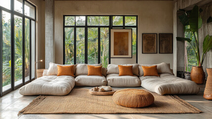 Fototapeta premium Living room with handmade lamps, featuring unique, artisanal lighting that adds a personal touch to the decor
