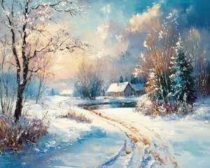 Stunning oil painting depicting the beauty of winter scenery showcasing extraordinary artwork and vibrant colors