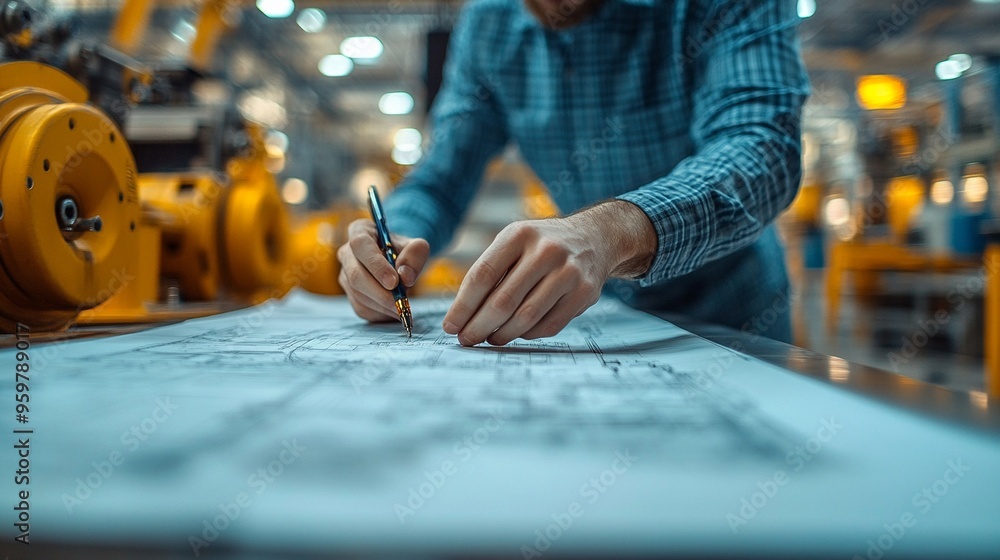 Aufkleber engineering precision in the factory: close-up on an engineer meticulously reviewing blueprints amid