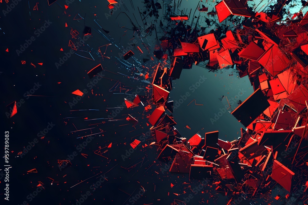 Poster dynamic explosion of red fragments against a dark background