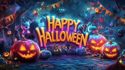 Colorful Halloween Design with Pumpkins and Skulls
