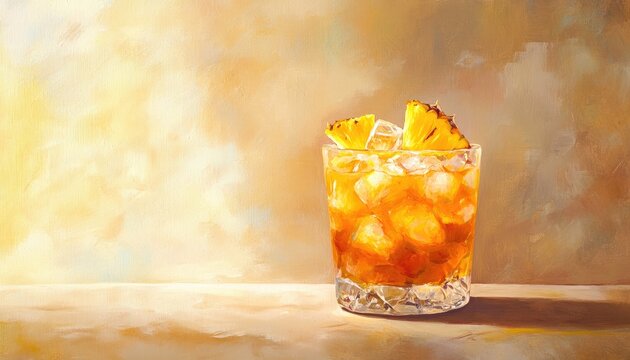 Oil painting of trampled pineapple kvass with ice served in a steamed glass showcasing the beverage preparation process
