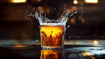 dramatic splash of beer captured in a setting with intense lighting and sharp shadows, highlighting the liquid's movement