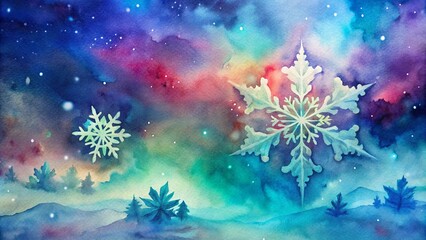 Magical winter night card with starry sky and falling snowflakes.Christmas holiday background for winter and new year themes