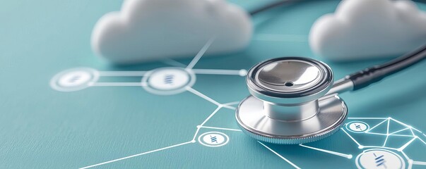 Stethoscope connected to a digital cloud with encryption symbols, secure health data storage, medical technology