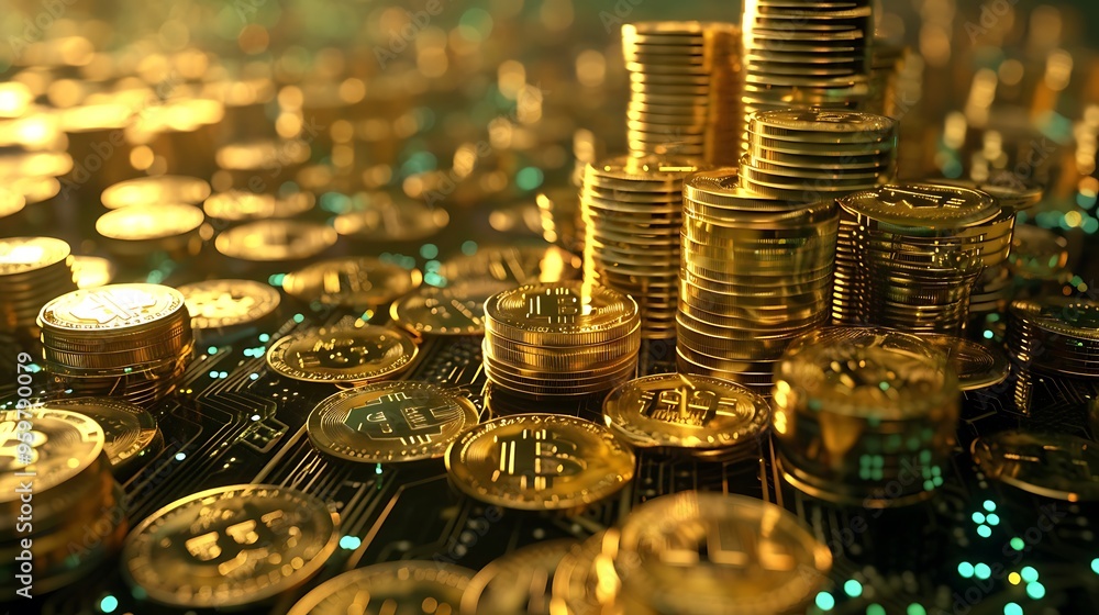 Poster stack of gold bitcoins with circuit board for technology concept of the rise of crypto currency or t