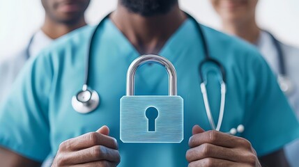 Medical team around a digital hologram of a padlock, secure patient data, healthcare cybersecurity strategy