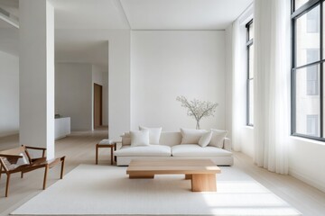 A simple minimalist living space with a balanced furniture arrangement, highlighting harmony and understated elegance.