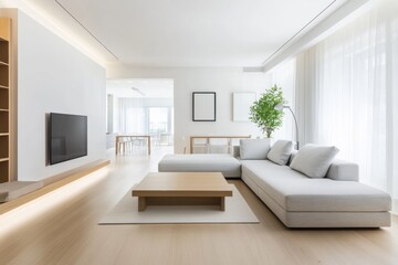A simple minimalist living space with a balanced furniture arrangement, highlighting harmony and understated elegance.