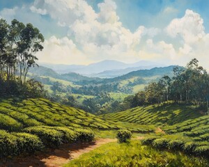 Naklejka premium Oil painting depicting a panoramic view of a lush tea plantation landscape