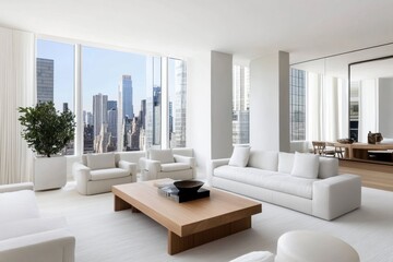 A simple minimalist living space with a balanced furniture arrangement, highlighting harmony and understated elegance.