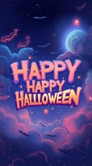 Cute Halloween Scene with Ghosts, Bats, and Stars
