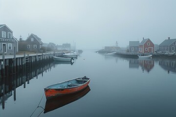 Naklejka premium Misty Harbor: A lone red boat rests serenely in a tranquil harbor shrouded in mist, with colorful houses lining the waterfront and boats bobbing gently in the distance. The scene evokes a sense of pe