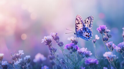 Fototapeta premium Butterfly on Flowers in a Field of Lavender