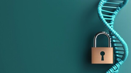 Abstract representation of digital DNA with padlock, healthcare cybersecurity, innovative protection, blue-green gradient