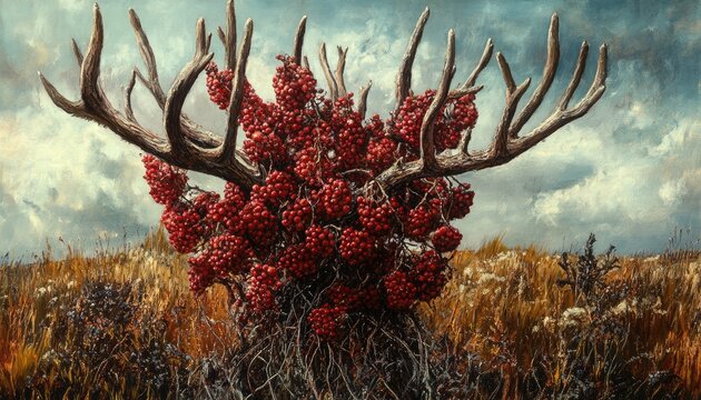 Oil painting depicting a flowering sumac tree with stag antlers showcasing seed clusters and seasonal growth
