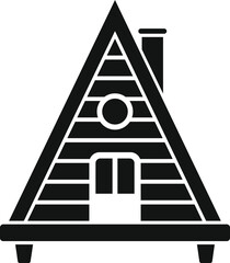 Black and white icon of a small a frame cabin with a chimney