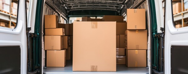 A parcel box being packed into a delivery van, with the back of the van filled with other boxes and packages, emphasizing the logistics process, Realism, Photography