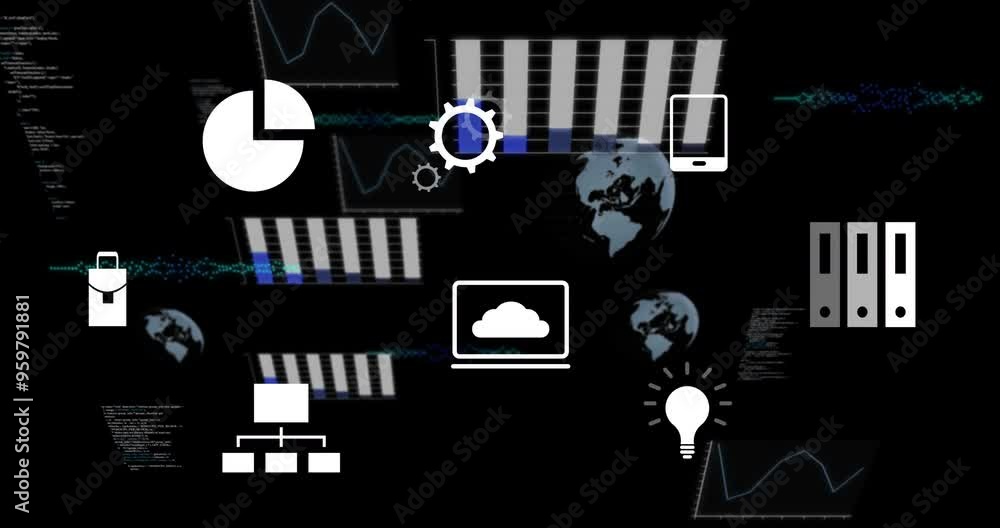 Poster charts, graphs, and technology icons animation over dark background with data visualizations