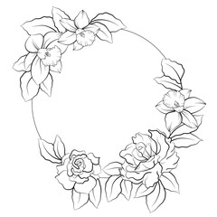 Hand Drawn Flower Rose Wreath, Hand Drawn Vector Floral Wreath With Rose. Minimalistic Frame. Design Elements For Wedding