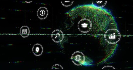 Digital icons and data processing animation over globe with glitch effects - Powered by Adobe